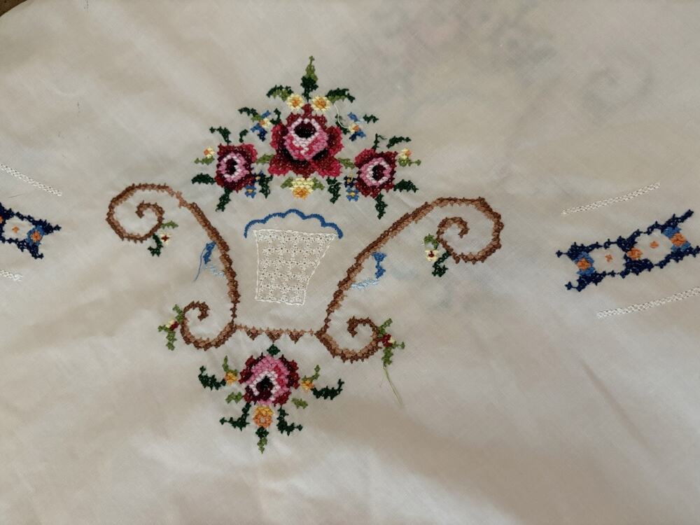 Hand Embroidered Round Tablecloth 64” Diameter Floral Pattern Off White Cotton